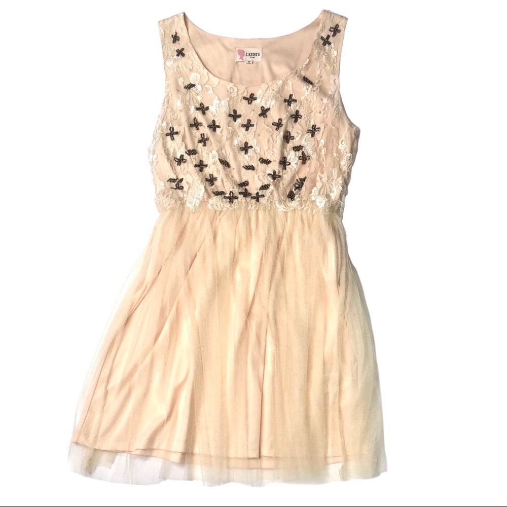L’ATISTE Champagne Sleeveless Beaded Floral Lace & Tulle Mini Dress